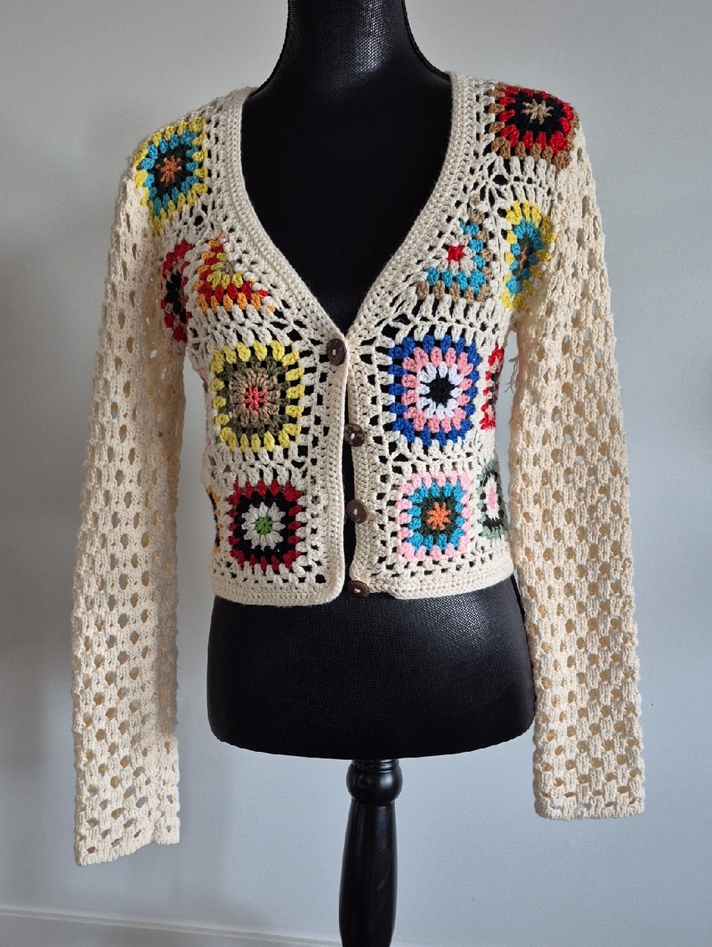 debut Cream Crochet Cardigan with Multicolor Granny Squares